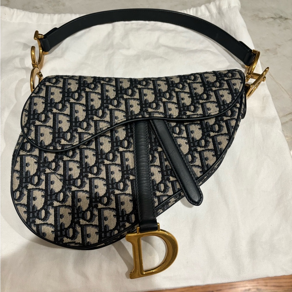 Dior Monogram Black and Gold Saddle Bag